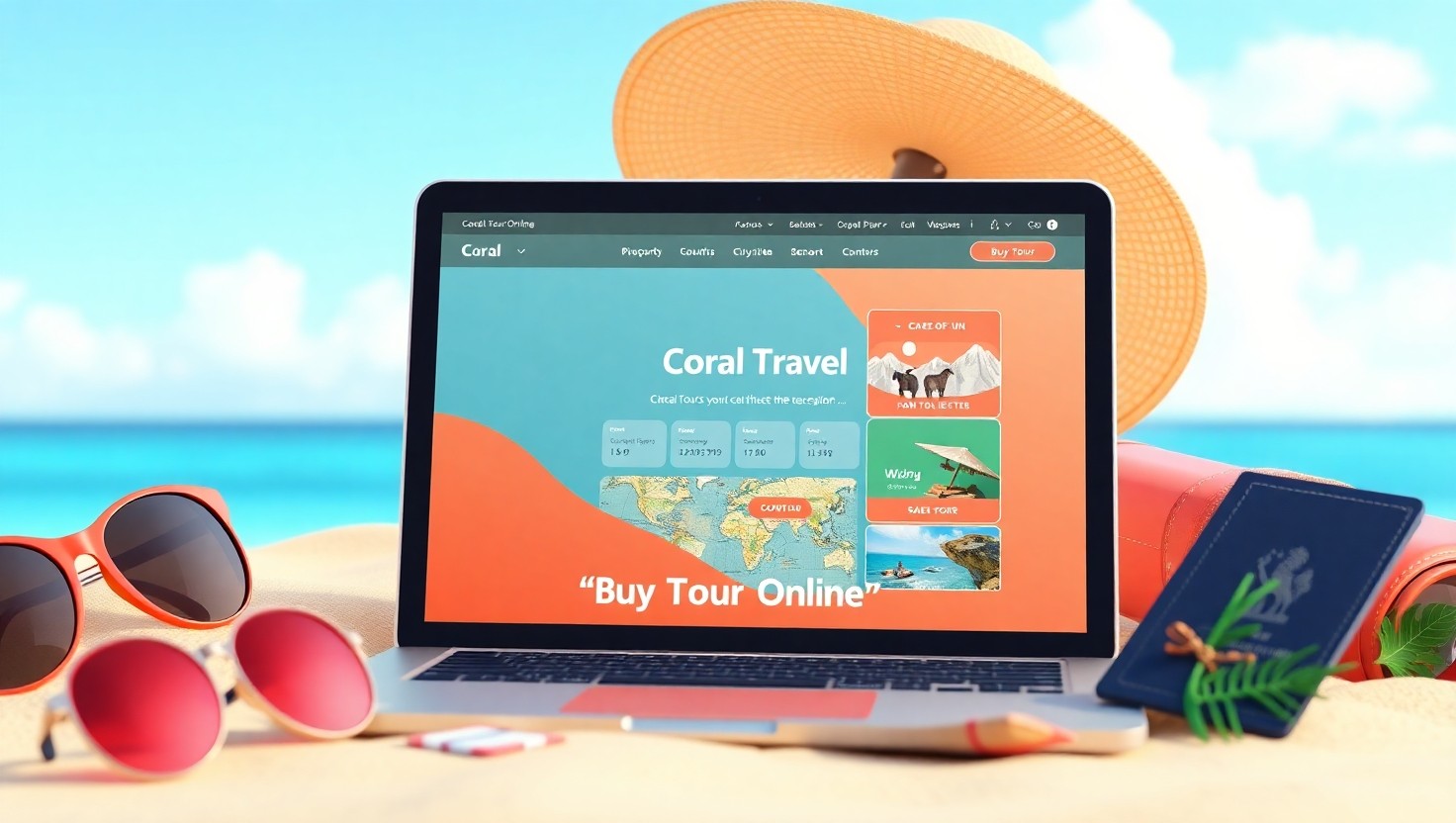 Онлайн-покупка тура Coral Travel — ноутбук, карта и кнопка «Купить тур онлайн»